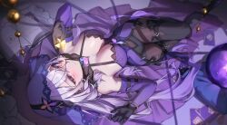 Rule 34 | 1girl, absurdres, bare shoulders, black gloves, black swan (honkai: star rail), breasts, card, cleavage, dress, elbow gloves, gloves, hair spread out, highres, honkai: star rail, honkai (series), kongsi, large breasts, long hair, looking at viewer, purple dress, purple gloves, purple hair, purple veil, sleeveless, sleeveless dress, solo, stellated octahedron, veil