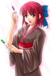 Rule 34 | 00s, 1girl, half updo, japanese clothes, kimono, kohaku (tsukihime), obi, red hair, sash, short hair, solo, syringe, tsukihime, yellow eyes