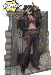 Rule 34 | 1girl, absurdres, alternate costume, aokuma (yuuran create), belt, black belt, black hair, black hairband, black jacket, boots, breasts, centurion (reverse:1999), chaps, cleavage, collarbone, commentary request, cowboy boots, cowboy hat, cowgirl (western), dark-skinned female, dark skin, denim, dual wielding, earrings, full body, gun, hair between eyes, hair over one eye, hair ribbon, hairband, hat, highres, holding, holding gun, holding weapon, holster, jacket, jeans, jewelry, leather, leather jacket, long hair, medium breasts, midriff, multicolored hair, navel, necklace, open clothes, open jacket, pants, parted lips, purple shirt, reverse:1999, ribbon, shadow, shirt, sidelocks, smile, solo, sound effects, spurs, standing, streaked hair, tachi-e, tied shirt, tress ribbon, weapon, white hair, yellow eyes
