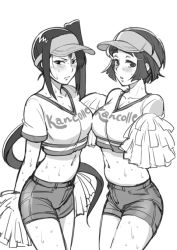 Rule 34 | 10s, 2girls, arms behind back, bad id, bad pixiv id, blush, cheerleader, clothes writing, copyright name, crop top, greyscale, hair ornament, hairclip, kantai collection, kirusu, long hair, midriff, monochrome, multiple girls, myoukou (kancolle), nachi (kancolle), navel, parted lips, pom pom (cheerleading), ponytail, short hair, shorts, side ponytail, sketch, sweat, very long hair, visor cap