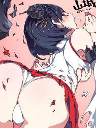 Rule 34 | 10s, 1girl, ass, bare shoulders, black hair, character name, detached sleeves, hair ornament, highres, japanese clothes, kantai collection, looking back, miko, name tag, open mouth, panties, personification, red eyes, short hair, simple background, skirt, solo, super zombie, torn clothes, torn skirt, underwear, white panties, yamashiro (kancolle)