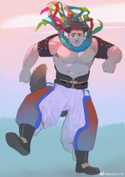 Rule 34 | 1boy, absurdres, animal ears, baggy pants, bara, bare pectorals, brown hair, chest hair, dog boy, dog ears, dog tail, facial hair, full body, goatee, highres, kn (10112650), large pectorals, legs apart, long sideburns, male focus, muscular, muscular male, navel hair, nipples, no pupils, original, pants, pectorals, raised eyebrow, revealing clothes, short hair, sideburns, smile, solo, stomach, tail, thick thighs, thighs, two-tone beard