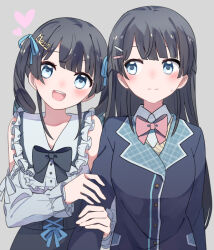 Rule 34 | 2girls, :d, :|, bare shoulders, black hair, black jacket, black skirt, blazer, blue eyes, bow, bowtie, closed mouth, collared shirt, cowboy shot, dual persona, grey background, heart, holding another&#039;s arm, jacket, jirai kei, long hair, looking at another, looking at viewer, multiple girls, nijisanji, official alternate costume, official alternate hairstyle, open mouth, pink bow, pink bowtie, school uniform, shirt, sidelocks, sideways glance, simple background, skirt, sleeveless, sleeveless shirt, smile, sou (tuhut), straight hair, teeth, tsukino mito, tsukino mito (14th costume), twintails, upper teeth only, virtual youtuber, white shirt