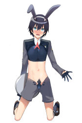 Rule 34 | 1boy, adapted costume, animal ears, black gloves, black hair, blue eyes, blush, brown footwear, bulge, rabbit ears, chicke iii, darling in the franxx, fake animal ears, gloves, hair between eyes, half gloves, highres, hiro (darling in the franxx), holding, holding plate, kneeling, lower teeth only, male focus, meme attire, navel, open mouth, plate, revealing clothes, reverse bunnysuit, reverse outfit, simple background, solo, stomach, teeth, tongue, white background