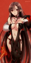 Rule 34 | 1girl, arm strap, bare shoulders, black dress, black gloves, black jacket, blush, breasts, brown hair, center opening, choker, cleavage, collarbone, cropped jacket, dress, earrings, elbow gloves, fate/grand order, fate (series), fire, fur-trimmed jacket, fur trim, gloves, jacket, jewelry, long hair, medium breasts, multiple earrings, navel, off shoulder, open clothes, open jacket, parted lips, red background, red eyes, ribbon-trimmed dress, seeds328, solo, sword, thighs, very long hair, weapon, yu mei-ren (fate)