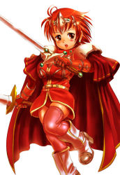 Rule 34 | 1990s (style), 1girl, blush, boots, cape, circlet, dual wielding, final fantasy, final fantasy iii, gox, holding, knight, moriichi, red eyes, red hair, red theme, retro artstyle, shoulder pads, solo, sword, thighhighs, warrior of light (ff1), warrior of the light, weapon