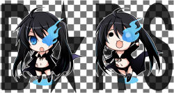 Rule 34 | 10s, :3, bad id, bad pixiv id, bikini, bikini top only, black hair, black rock shooter, black rock shooter (character), blue eyes, chibi, coat, glowing, glowing eyes, long hair, purinpurin, star (symbol), swimsuit, twintails, uneven twintails