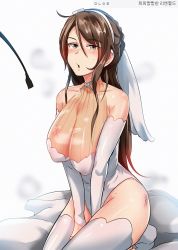 Rule 34 | 1girl, bare shoulders, blush, braid, breasts, bridal veil, brown hair, collarbone, covered erect nipples, dress, french braid, girls&#039; frontline, green eyes, halterneck, large breasts, lee-enfield (girls&#039; frontline), leotard, long hair, looking at viewer, masochism, nose blush, open mouth, riding crop, scratches, see-through, seiza, sitting, solo, sweatdrop, swept bangs, thighhighs, v arms, veil, very long hair, wedding dress, white leotard, white thighhighs, yellowseeds