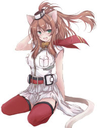 Rule 34 | 10s, 1girl, anchor, animal ears, belt, brown hair, cat ears, cat tail, garter straps, green eyes, hand on own head, impossible clothes, kantai collection, kneeling, looking at viewer, saratoga (kancolle), scarf, side ponytail, simple background, skirt, smile, smokestack, solo, tail, thighhighs, white background, yumesato makura