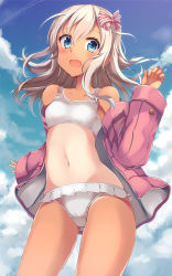 Rule 34 | 10s, 1girl, :d, alternate costume, bikini, blonde hair, blue eyes, cloud, day, highres, hinauri (nurupon), jacket, kantai collection, long hair, long sleeves, one-piece swimsuit, one-piece tan, open clothes, open jacket, open mouth, pink jacket, ro-500 (kancolle), sky, smile, solo, stomach, swimsuit, tan, tanline, white one-piece swimsuit