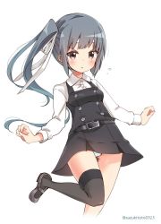 Rule 34 | 10s, 1girl, belt, black footwear, black thighhighs, blush, breasts, brown eyes, buttons, collared shirt, cowboy shot, dress, eyebrows, flying sweatdrops, grey hair, headband, kantai collection, kasumi (kancolle), kasumi kai ni (kancolle), long hair, long sleeves, looking at viewer, mary janes, panties, parted lips, pinafore dress, shirt, shoes, side ponytail, simple background, single thighhigh, sleeveless, sleeveless dress, small breasts, solo, striped clothes, striped panties, suzuki toto, thighhighs, twitter username, underwear, white background, white shirt