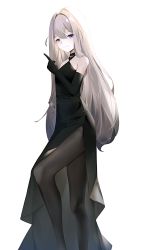 Rule 34 | 1girl, absurdres, azur lane, bare shoulders, black dress, black gloves, black pantyhose, blue eyes, breasts, closed mouth, collarbone, dress, elbow gloves, feet out of frame, female focus, gloves, grey hair, heterochromia, highres, index finger raised, jewelry, ka11 ca, long hair, looking at viewer, murmansk (azur lane), necklace, pantyhose, purple eyes, small breasts, solo, standing, very long hair, white background