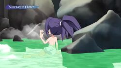 Rule 34 | 1girl, 3d, angry, animated, black hair, breasts, cleavage, disgaea, game, highres, incoming attack, kunai, kunoichi (disgaea), large breasts, naked towel, night, onsen, outdoors, partially submerged, pointy ears, ponytail, red eyes, tagme, towel, video, water, weapon