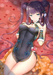 Rule 34 | 1girl, bare shoulders, black dress, blue eyes, blunt bangs, blush, breasts, china dress, chinese clothes, cleavage, cyicheng, detached sleeves, double bun, dress, fate/grand order, fate (series), hair bun, hair ornament, large breasts, leaf hair ornament, long hair, looking at viewer, purple hair, sidelocks, solo, thighs, twintails, very long hair, yang guifei (fate), yang guifei (first ascension) (fate), yang guifei (second ascension) (fate)