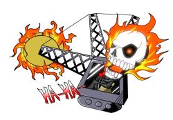Rule 34 | 1boy, driving, fire, ghost rider, machine, male focus, marvel, mikadorill, saw, simple background, sitting, skull, solo, text focus