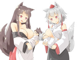 Rule 34 | 2boys, 2girls, :d, animal ears, arnest, bare shoulders, black skirt, breastfeeding, breasts, brown hair, closed mouth, commission, detached sleeves, dress, hat, imaizumi kagerou, inubashiri momiji, large breasts, long hair, long sleeves, mother and son, multiple boys, multiple girls, open mouth, red eyes, shirt, simple background, skeb commission, skirt, smile, tail, tokin hat, touhou, white background, white dress, white hair, white shirt, wide sleeves, wolf boy, wolf ears, wolf girl, wolf tail