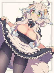Rule 34 | 1girl, ahoge, alternate costume, animal ears, apron, black bow, black bowtie, black pantyhose, black skirt, blue hair, bow, bowtie, breasts, cleavage, commentary request, enmaided, grey background, kuromiya, large breasts, maid, maid apron, maid headdress, multicolored hair, original, pantyhose, shiromiya asuka, simple background, skirt, solo, standing, tail, two-tone hair, white apron, white hair