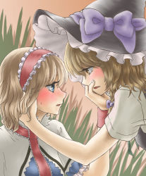 Rule 34 | 2girls, alice margatroid, blonde hair, blue eyes, blush, bow, embarrassed, female focus, from side, grass, hairband, hand on another&#039;s face, hat, hat bow, kirisame marisa, looking at another, multiple girls, nip to chip, profile, short hair, short sleeves, sweatdrop, touhou, witch hat, yellow eyes, yuri