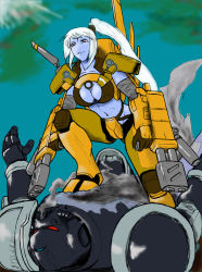 Rule 34 | 1girl, adeptus astartes, alien, armor, blue skin, breasts, cleavage, cleavage cutout, clothing cutout, colored skin, darcad, dual wielding, gauntlets, gloves, greaves, gun, helmet, holding, large breasts, long hair, navel, no nose, pauldrons, ponytail, power armor, purple eyes, shas&#039;o shaserra, shoulder armor, space marine, t&#039;au, warhammer 40k, weapon, white hair