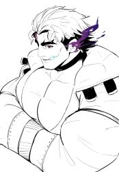 Rule 34 | 1boy, bara, collar, forked eyebrows, from above, hair slicked back, hands in opposite sleeves, highres, jacket, kansuke (kansuke 717), large pectorals, loki (housamo), looking to the side, male focus, mature male, mouth trail, multicolored hair, muscular, muscular male, open clothes, open jacket, pectoral cleavage, pectorals, short hair, solo, spot color, tokyo houkago summoners, two-tone hair, upper body