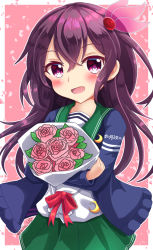 Rule 34 | 1girl, :d, blue jacket, blush, bouquet, bow, commentary request, crescent, crescent pin, flower, green sailor collar, green skirt, hair between eyes, hair ornament, jacket, kantai collection, kisaragi (kancolle), long hair, long sleeves, looking at viewer, hugging object, open clothes, open jacket, open mouth, petals, pink background, pink flower, pink rose, pleated skirt, purple eyes, purple hair, red bow, rose, sailor collar, school uniform, serafuku, shirt, sills, skirt, smile, solo, translation request, two-tone background, very long hair, white background, white shirt