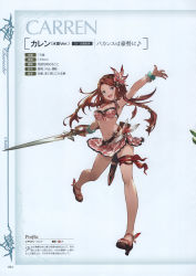 Rule 34 | 1girl, absurdres, arm up, armpits, bare shoulders, belt, bikini, bikini skirt, blue eyes, bracelet, braid, breasts, brown hair, carren, carren (granblue fantasy), character name, cleavage, crown braid, full body, granblue fantasy, hair ornament, highres, holding, holding sword, holding weapon, jewelry, looking at viewer, medium breasts, minaba hideo, navel, official art, open mouth, parted bangs, pearl bracelet, sandals, scan, sheath, shoes, simple background, solo, swimsuit, sword, thigh strap, toeless footwear, twin braids, weapon, wedge heels