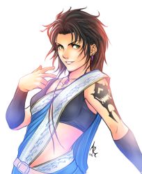 Rule 34 | 10s, 1girl, arcbuncle, bad id, bad pixiv id, breasts, brown hair, earrings, elbow gloves, final fantasy, final fantasy xiii, gloves, green eyes, highres, jewelry, long hair, necklace, oerba yun fang, simple background, solo, tattoo