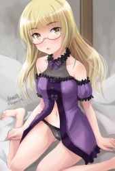 Rule 34 | 1girl, arm support, artist name, babydoll, barefoot, black panties, blonde hair, blunt bangs, commentary request, frilled panties, frills, full body, glasses, halterneck, haruhata mutsuki, lingerie, long hair, looking at viewer, panties, parted lips, perrine h. clostermann, signature, sitting, solo, strike witches, twitter username, underwear, wariza, world witches series, yellow eyes