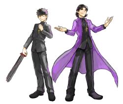 Rule 34 | 2boys, black hair, black keys (type-moon), brown hair, cassock, cross, cross necklace, dual persona, fate/stay night, fate/zero, fate (series), gomadaifuku, highres, jewelry, kotomine kirei, male focus, multiple boys, necklace, aged down