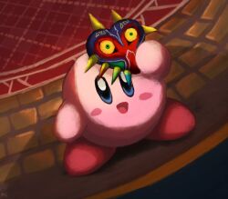 Rule 34 | :d, blue eyes, blush stickers, commentary request, crossover, highres, holding, holding mask, kirby, kirby (series), lizzle ( dufz5278), majora (entity), mask, nintendo, no humans, open mouth, smile, standing, the legend of zelda, the legend of zelda: majora&#039;s mask