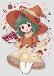 Rule 34 | 1girl, blunt bangs, book, commission, cowboy shot, floating, green hair, hat, highres, layered clothes, long sleeves, mushroom, no1shyv, open mouth, orange hat, original, red eyes, skeb commission, solo, witch hat