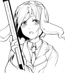 Rule 34 | animal ears, crescent, crescent pin, greyscale, hi you (flying bear), holding, holding weapon, jacket, looking away, monochrome, necktie, open mouth, rabbit ears, reisen, shirt, short hair, simple background, solo, touhou, weapon, white background