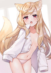 Rule 34 | 1girl, animal ear fluff, animal ears, blonde hair, breasts, dress shirt, fang, fox ears, fox girl, fox tail, highres, kawagami raito, long hair, long sleeves, naked shirt, no bra, no pants, off shoulder, open clothes, open mouth, open shirt, original, red eyes, shirt, sleeves past fingers, sleeves past wrists, small breasts, solo, tail, unbuttoned, unbuttoned shirt, white shirt