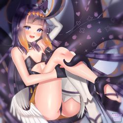 Rule 34 | 1girl, absurdres, artist name, ass, black dress, black gloves, blue eyes, blunt bangs, blush, detached sleeves, dress, eyes visible through hair, flat chest, fur collar, geta, gloves, gradient hair, headpiece, heart, heart print, highres, hololive, hololive english, huge filesize, hugging own legs, legs up, long sleeves, looking at viewer, low wings, mole, mole under eye, multicolored hair, ninomae ina&#039;nis, ninomae ina&#039;nis (1st costume), okobo, open mouth, orange hair, platform footwear, pointy ears, purple hair, sandals, sidelocks, single detached sleeve, single thighhigh, smile, solo, strapless, strapless dress, tabi, thighhighs, thighs, thong, virtual youtuber, vitaminechan, white sleeves, white thighhighs, wings