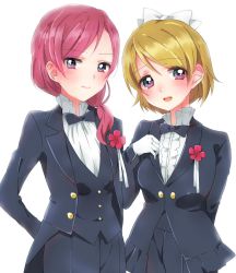 Rule 34 | 10s, 2girls, blush, boutonniere, bow, bowtie, brown hair, center frills, crossdressing, flower, formal, frills, gloves, highres, koizumi hanayo, lapel pin, lapels, love live!, love live! school idol project, love wing bell, multiple girls, nishikino maki, notched lapels, open mouth, purple eyes, red hair, shawl lapels, short hair, simple background, smile, sorimachi-doufu, suit, tailcoat, tuxedo, waistcoat, white background