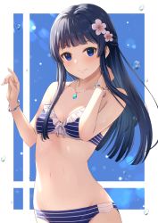 Rule 34 | 1girl, absurdres, aqua gemstone, bangle, bare arms, bare shoulders, bead necklace, beads, bikini, black hair, blue eyes, blunt bangs, blush, bracelet, breasts, cleavage, flower, hair flower, hair ornament, halterneck, hand on own neck, hands up, highres, idolmaster, idolmaster million live!, jewelry, long hair, looking at viewer, miyar2d2, mogami shizuka, navel, necklace, sidelocks, small breasts, smile, solo, stomach, striped bikini, striped clothes, swimsuit, two-tone background, two-tone bikini, water drop