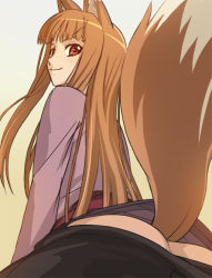 Rule 34 | 1girl, animal ears, anus, arm support, ass, brown hair, clothes pull, from behind, haruyama kazunori, holo, long hair, looking at viewer, looking back, no panties, pants, pants pull, red eyes, smile, solo, spice and wolf, tail, wolf ears, wolf tail