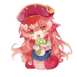 Rule 34 | 1girl, :d, blush, cakes n forks, chibi, commission, full body, hair ornament, hairclip, happy, hat, heart, heart-shaped pupils, holding, jacket, lamia, long hair, miia (monster musume), monster girl, monster musume no iru nichijou, hugging object, open mouth, pointy ears, red hair, scales, simple background, skirt, smile, snake, solo, stuffed animal, stuffed snake, stuffed toy, symbol-shaped pupils, tail, very long hair, white background, yellow eyes