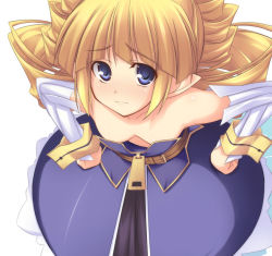 Rule 34 | 1girl, archer (disgaea), armpits, blonde hair, blue eyes, breasts, demon girl, disgaea, downblouse, embarrassed, from above, frown, hands on own hips, long hair, makai senki disgaea 2, no bra, pointy ears, shimakaze (soundz of bell), simple background, small breasts, solo, standing, twintails, white background