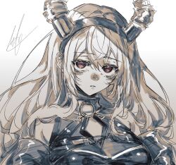 Rule 34 | 1girl, arknights, bare shoulders, blush, breasts, cleavage cutout, closed mouth, clothing cutout, fake horns, frown, greyscale, hairband, highres, horns, jacket, large breasts, long hair, looking at viewer, m10 (lycos zzz), monochrome, off shoulder, open clothes, open jacket, portrait, purple eyes, shirt, sidelocks, signature, simple background, sleeveless, sleeveless shirt, solo, spot color, typhon (arknights)