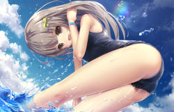 Rule 34 | 1girl, adjusting hair, bare arms, bow, cameltoe, cloud, day, from below, hair ribbon, highres, looking at viewer, missile228, one-piece swimsuit, original, revision, ribbon, school swimsuit, sky, smile, solo, splashing, swimsuit, wading, water, water drop, wet, wristband