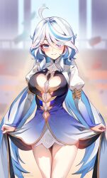 Rule 34 | 1girl, absurdres, ahoge, alternate breast size, armlet, blue dress, blue hair, blue pupils, blurry, blurry background, breasts, closed mouth, commentary, dress, foxyreine, furina (genshin impact), genshin impact, gradient dress, grey hair, hair between eyes, hair intakes, highres, juliet sleeves, large breasts, light smile, long hair, long sleeves, looking at viewer, multicolored hair, puffy sleeves, solo, thighs, two-tone hair, very long hair