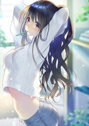 Rule 34 | 1girl, arched back, arms behind head, arms up, ass, black hair, blurry, blurry background, blush, breasts, comitia, commentary request, crop top, curled horns, denim, denim shorts, highres, horns, long hair, long sleeves, looking at viewer, medium breasts, midriff, mouth hold, navel, original, plant, ponytail, rugo, shorts, solo, standing, sweater, toothbrush, white sweater