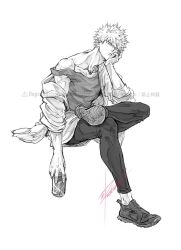 Rule 34 | 1boy, bakugou katsuki, boku no hero academia, can, crossed legs, drink, elbow on thigh, full body, greyscale, haru (reharux035), highres, holding, holding can, leggings, leggings under shorts, long sleeves, looking at viewer, male focus, monochrome, off shoulder, overshirt, pantyhose, shirt under shirt, shoes, short hair, shorts, signature, sitting, sitting on object, sketch, sleeves rolled up, sneakers, solo, spiked hair, spot color, tank top, toned, toned male, twitter username, workout clothes