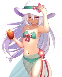 Rule 34 | 1girl, arm up, armpits, bare shoulders, bikini, breasts, closed mouth, collarbone, cowboy shot, cup, drinking glass, floating hair, flower, green bikini, hair between eyes, hand on headwear, hat, hat flower, heterochromia, highres, holding, holding cup, hurricane glass, long hair, looking at viewer, mahcdai, navel, original, purple eyes, sarong, scar, scar on face, see-through, sidelocks, simple background, small breasts, smile, solo, sun hat, swimsuit, tropical drink, very long hair, white background, white hair, white hat, yellow eyes