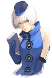 Rule 34 | 1girl, atlus, bad id, bad pixiv id, bare shoulders, book, elbow gloves, elizabeth (persona), gloves, hat, light smile, md5 mismatch, persona, persona 3, short hair, simple background, solo, take no ko (dodon), white hair, yellow eyes