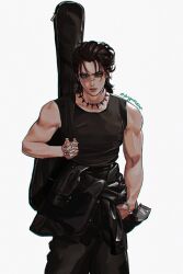 Rule 34 | 1boy, artist name, bandaid, bandaid on face, bandaid on nose, bare arms, black jacket, black pants, black tank top, bracelet, brown hair, cropped legs, earrings, eren yeager, green eyes, guitar case, hand in pocket, highres, holding, instrument, instrument case, jacket, jewelry, looking at viewer, male focus, medium hair, messy hair, mullet, necklace, pants, shingeki no kyojin, simple background, skeletal hand, solo, standing, stud earrings, tank top, tied jacket, v-shaped eyebrows, white background, zu yuan cesar