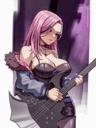 1girl bare_shoulders bass_guitar breasts choker cleavage fur-trimmed_jacket fur_trim highres holding holding_instrument hololive hololive_english instrument jacket jewelry large_breasts long_hair mori_calliope mori_calliope_(9th_costume) multicolored_hair music necklace official_alternate_costume pink_hair playing_bass_guitar playing_instrument red_eyes seventeencrows skull_necklace solo strapless streaked_hair virtual_youtuber