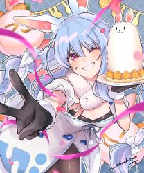 Rule 34 | 1girl, animal ear fluff, animal ears, black gloves, black leotard, black pantyhose, blue background, blue hair, blue ribbon, blurry, blurry foreground, blush, bow, braid, breasts, carrot, carrot hair ornament, cleavage, clothing cutout, commentary request, confetti, detached sleeves, don-chan (usada pekora), dress, dress ribbon, eyelashes, food, food-themed hair ornament, fur-trimmed dress, fur-trimmed gloves, fur scarf, fur trim, gloves, grid background, grin, hair between eyes, hair bow, hair ornament, hand up, heart, highres, holding, holding plate, hololive, leaning forward, leotard, long bangs, long hair, looking at viewer, multicolored hair, nibochoro, one eye closed, outstretched arm, pantyhose, plate, playboy bunny, puffy short sleeves, puffy sleeves, rabbit-shaped pupils, rabbit ears, rabbit girl, reaching, reaching towards viewer, red eyes, ribbon, scarf, short eyebrows, short sleeves, sidelocks, signature, small breasts, smile, strapless, strapless dress, strapless leotard, symbol-shaped pupils, thick eyebrows, grid background, twin braids, two-tone hair, underboob cutout, underbust, usada pekora, usada pekora (1st costume), v, virtual youtuber, white bow, white dress, white hair, white scarf