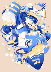 Rule 34 | + +, 1girl, alarm clock, balloon, baseball cap, blue hair, blue thighhighs, bubble tea, cake, candy, clock, commentary, cup, drinking, drinking straw, flat color, food, full body, hand in pocket, hat, highres, hood, hood down, hoodie, jumping, long hair, looking at viewer, miniskirt, original, pleated skirt, saijo1201, shoes, skirt, thighhighs, twintails, yellow skirt, zettai ryouiki